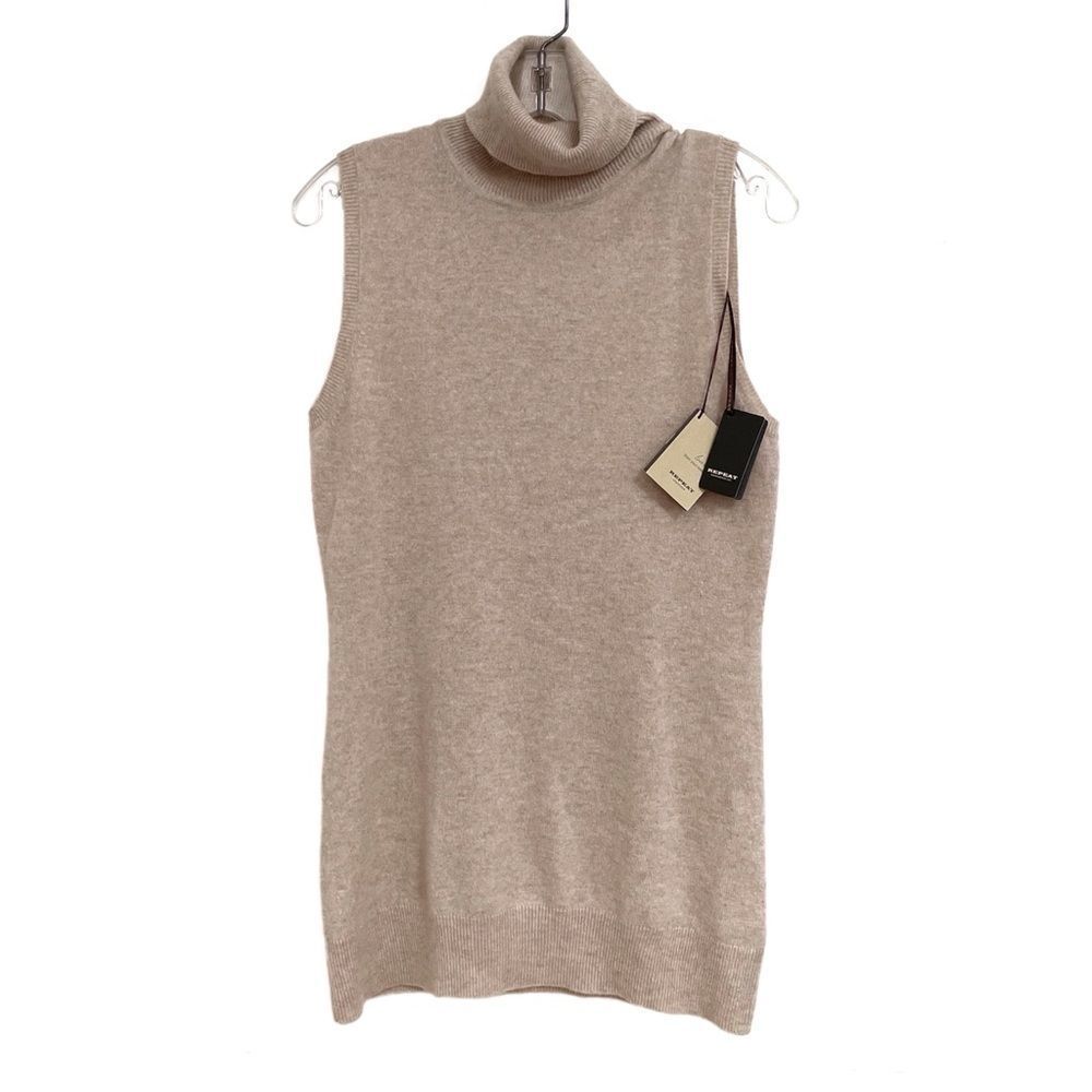 Repeat Cashmere Sweater Sleeveless Turtleneck Beige Size Large NWT